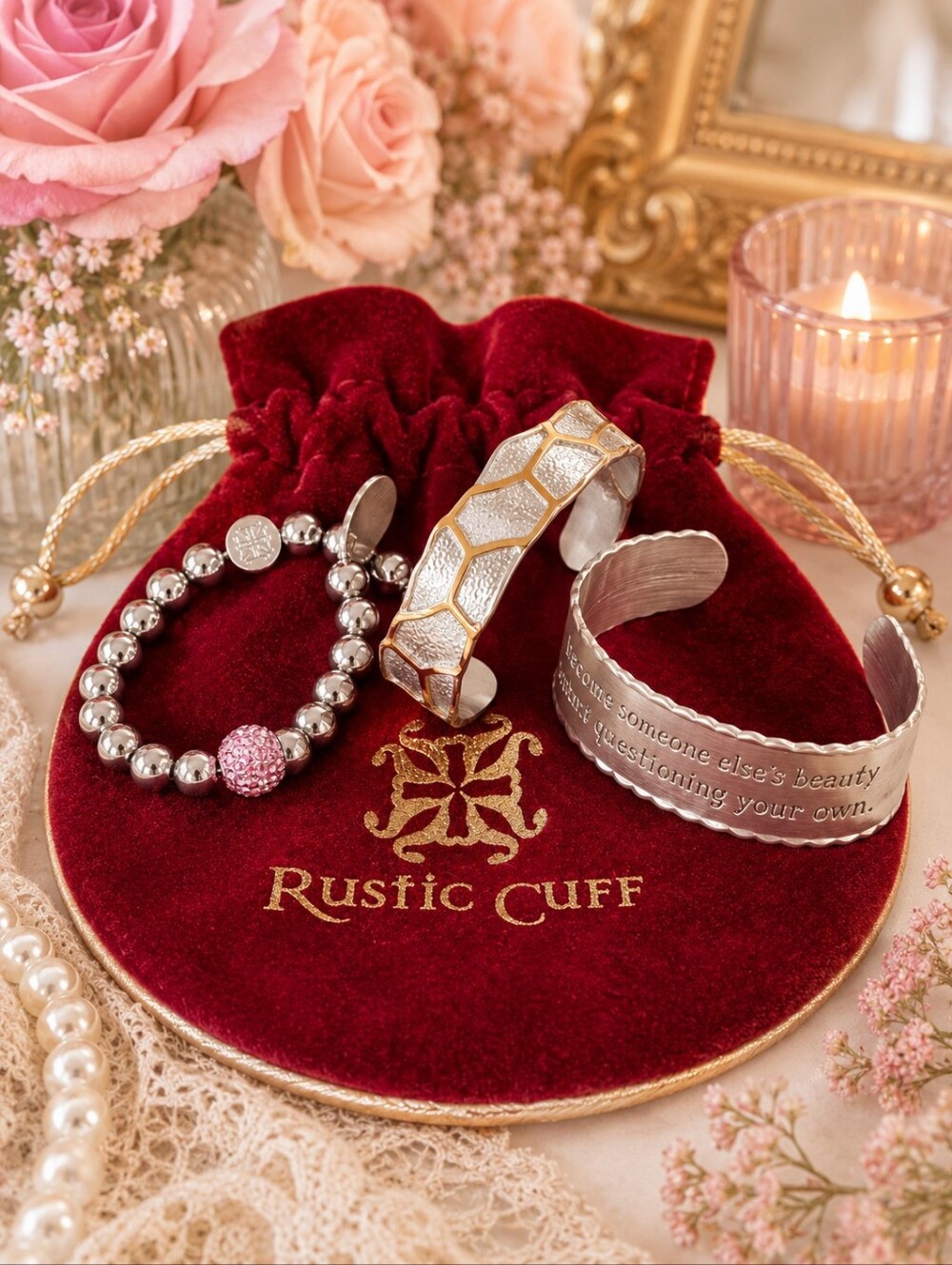 Rustic Cuff Bracelet Lot of 3 Silver Pink Crystal Cuffs w Pouch